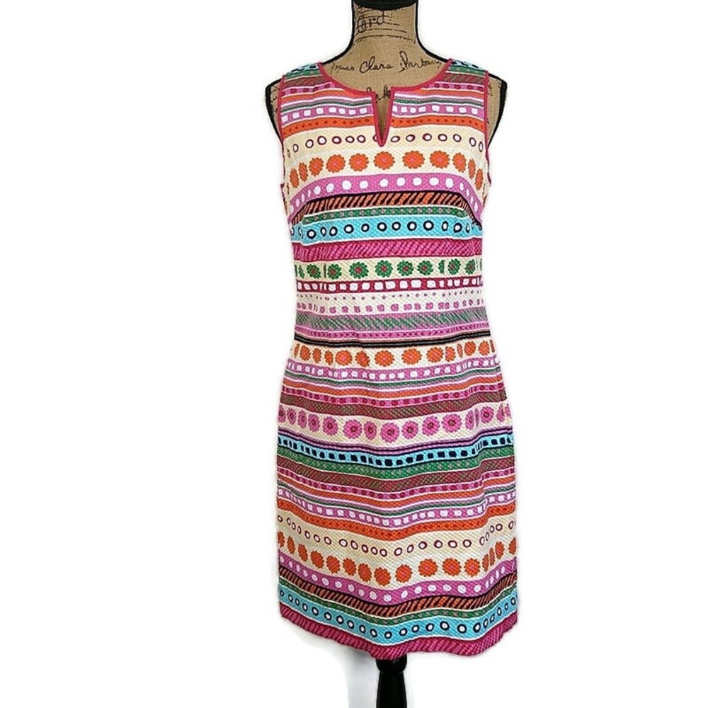 Talbots Shift Dress Womens 6 Pink Multi Color Geometric Stripe Pique Sleeveless